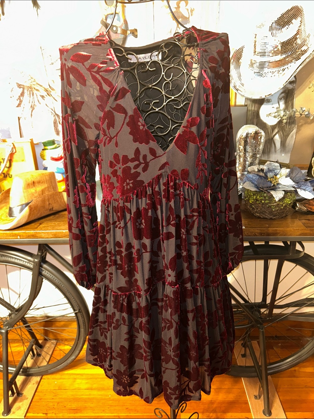 Taylor Burgundy Floral Burnout V-Neck Long Sleeve Dress